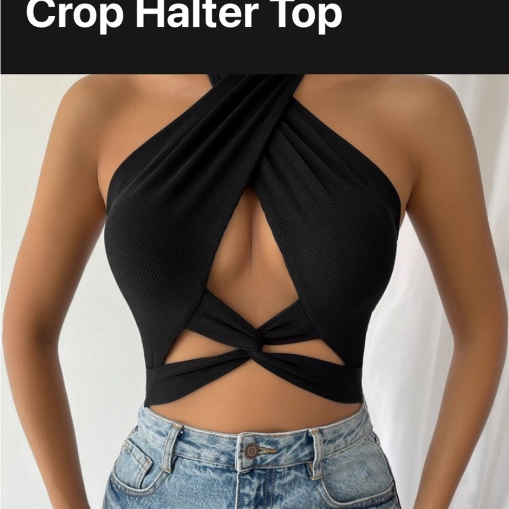 SHEIN Black Ribbed Twist Front Crop Halter Top
